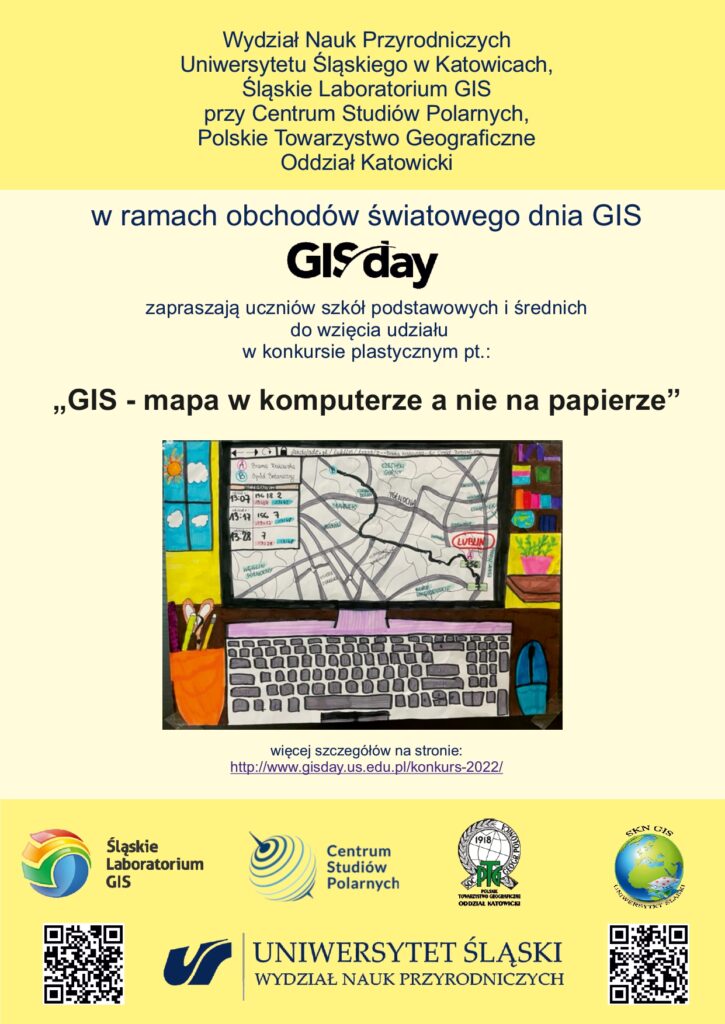 Plakat konkursu plastycznego 2022 — GIS: mapa w komputerze, a nie na papierze